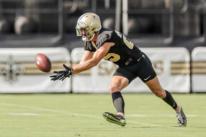 New Orleans Saints safety Daniel Sorensen (25) works on defensive drills during training camp at Ochsner Sports Performance Center. Mandatory Credit: Stephen Lew-USA TODAY Sports